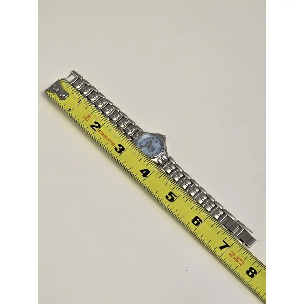 Sharp Purple Dial Date Indicator Silver Tone Round Case Linkn‎ Band Quartz Watch